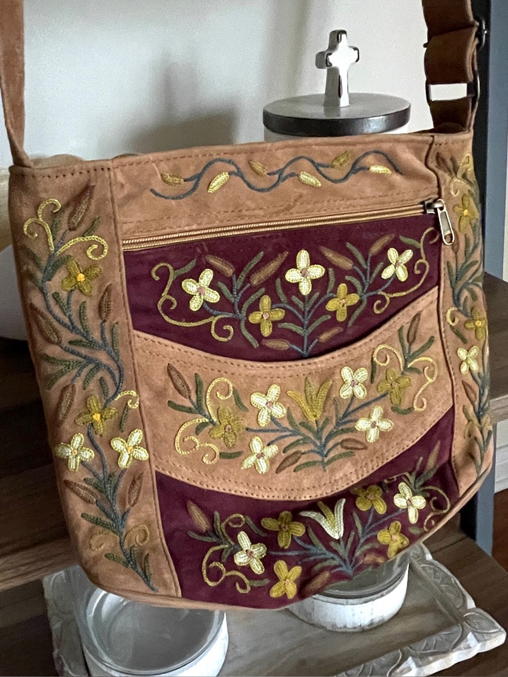 Artisanal Embroidered Suede Floral Crossbody Bag